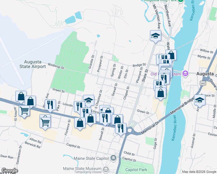 map of restaurants, bars, coffee shops, grocery stores, and more near 19 South Chestnut Street in Augusta