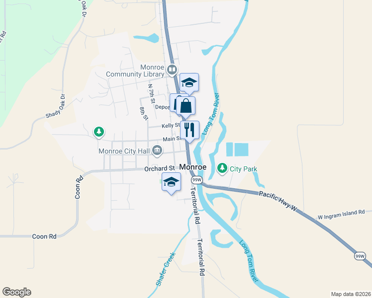 map of restaurants, bars, coffee shops, grocery stores, and more near 190 South 5th Street in Monroe
