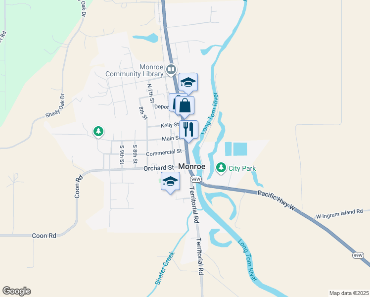 map of restaurants, bars, coffee shops, grocery stores, and more near 190 South 5th Street in Monroe