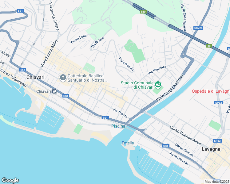 map of restaurants, bars, coffee shops, grocery stores, and more near 74 Corso Dante in Chiavari