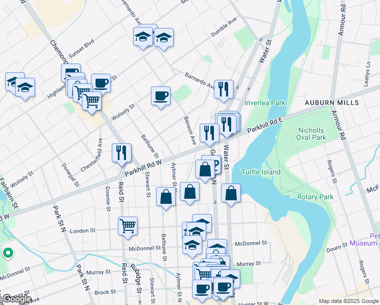 map of restaurants, bars, coffee shops, grocery stores, and more near in Peterborough