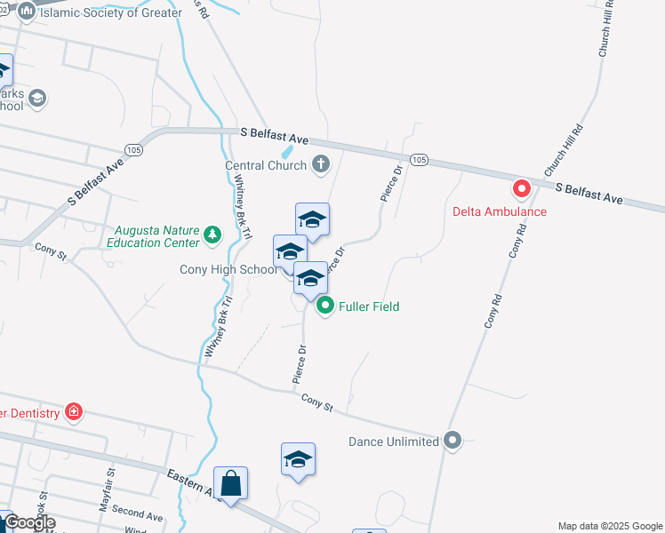 map of restaurants, bars, coffee shops, grocery stores, and more near Pierce Drive in Augusta