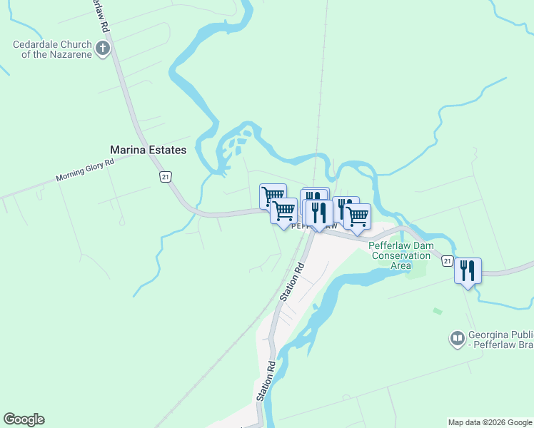 map of restaurants, bars, coffee shops, grocery stores, and more near 320 Pefferlaw Road in Georgina