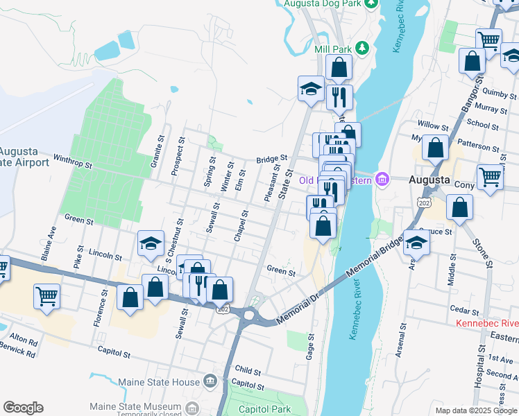 map of restaurants, bars, coffee shops, grocery stores, and more near 7 Summer Street in Augusta