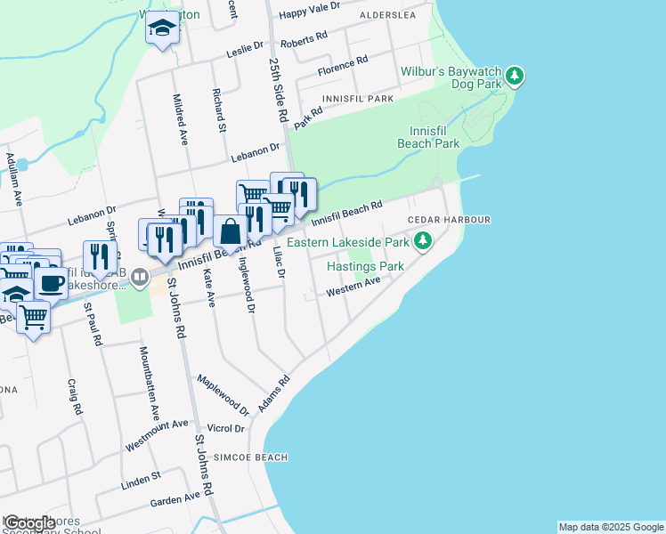 map of restaurants, bars, coffee shops, grocery stores, and more near 2060 Northern Avenue in Innisfil