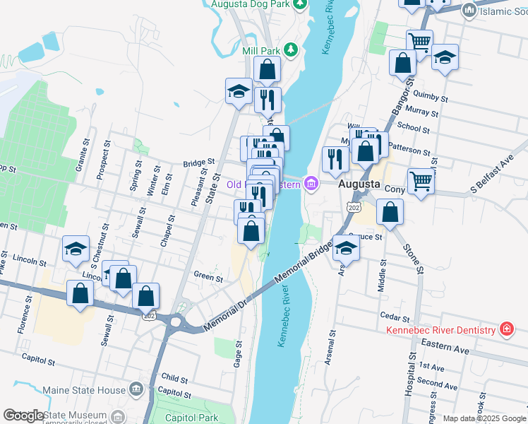 map of restaurants, bars, coffee shops, grocery stores, and more near 263 Water Street in Augusta