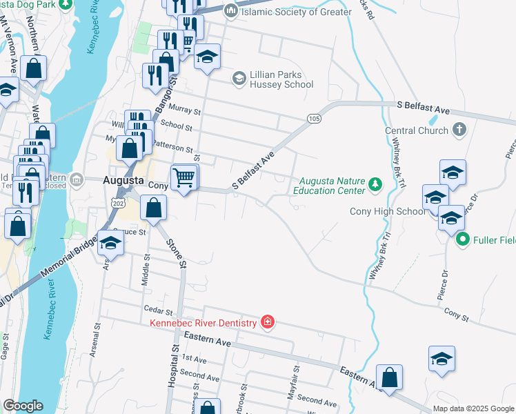 map of restaurants, bars, coffee shops, grocery stores, and more near 182 Cony Street in Augusta