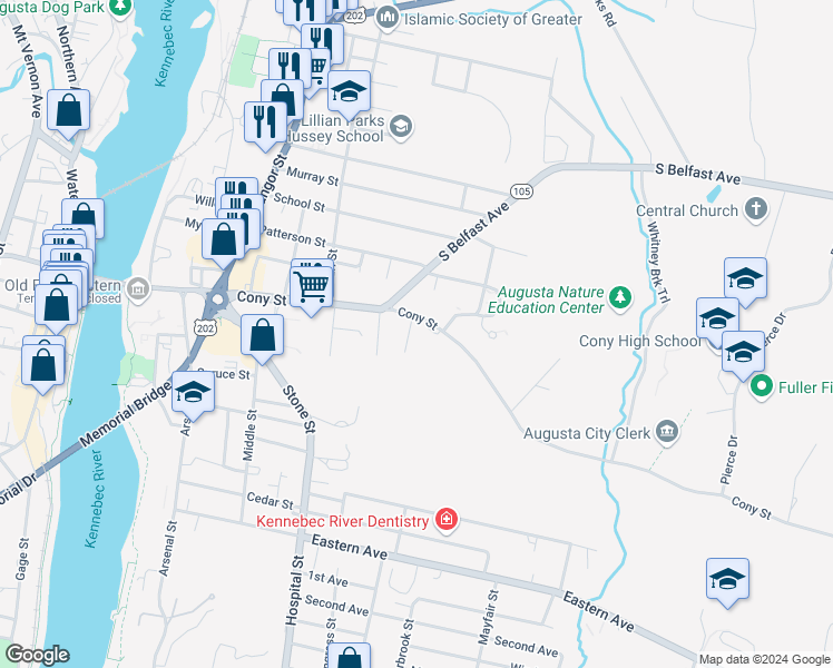 map of restaurants, bars, coffee shops, grocery stores, and more near 2 Pine Street in Augusta
