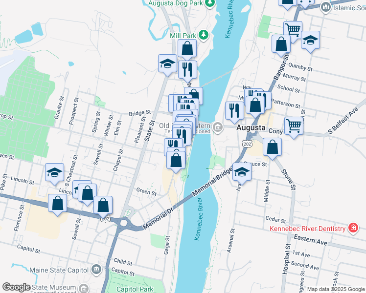 map of restaurants, bars, coffee shops, grocery stores, and more near 121 Commercial Street in Augusta