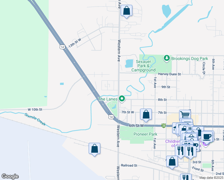 map of restaurants, bars, coffee shops, grocery stores, and more near 410 Honor Drive in Brookings