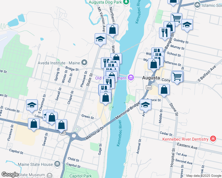 map of restaurants, bars, coffee shops, grocery stores, and more near 228 Water Street in Augusta