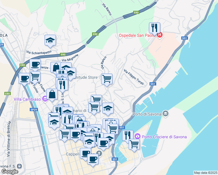 map of restaurants, bars, coffee shops, grocery stores, and more near 17 Via Giovanni Amendola in Savona