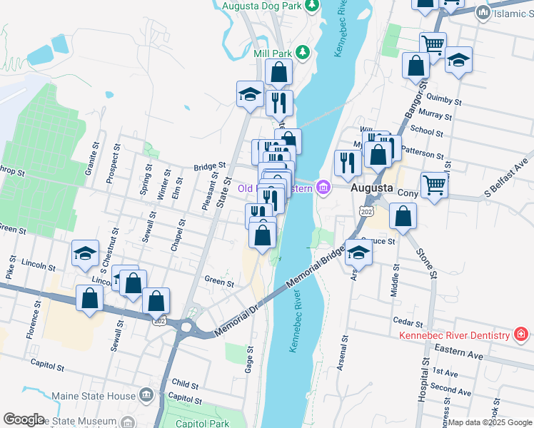 map of restaurants, bars, coffee shops, grocery stores, and more near 121 Commercial Street in Augusta