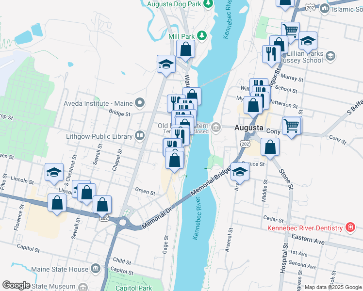 map of restaurants, bars, coffee shops, grocery stores, and more near 261 Water Street in Augusta