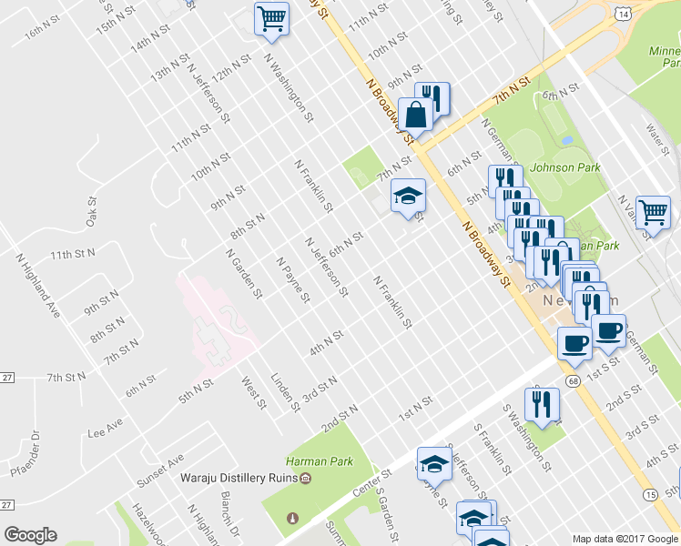 map of restaurants, bars, coffee shops, grocery stores, and more near 512 North Jefferson Street in New Ulm