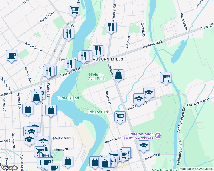 map of restaurants, bars, coffee shops, grocery stores, and more near 711 Armour Road in Peterborough