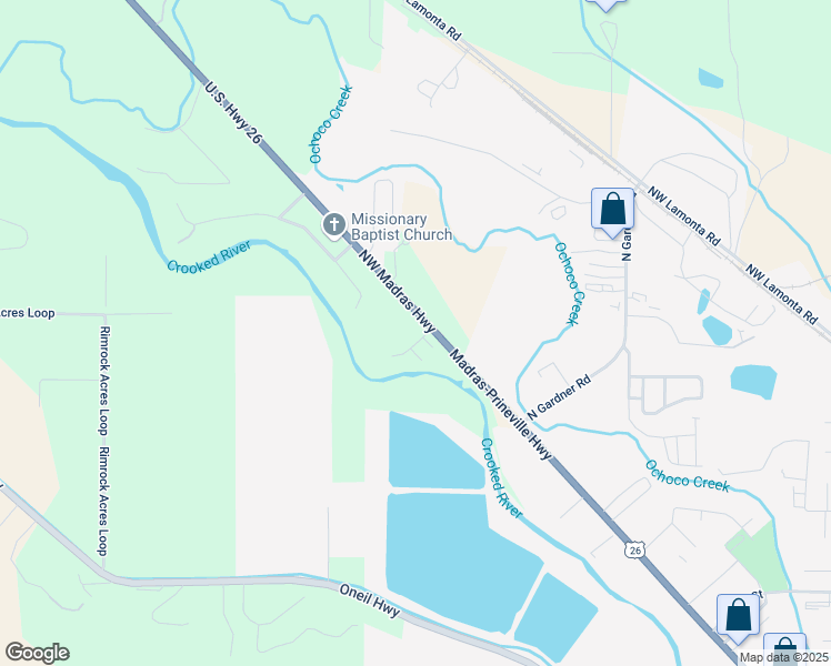 map of restaurants, bars, coffee shops, grocery stores, and more near 2325 Northwest McDougal Court in Prineville