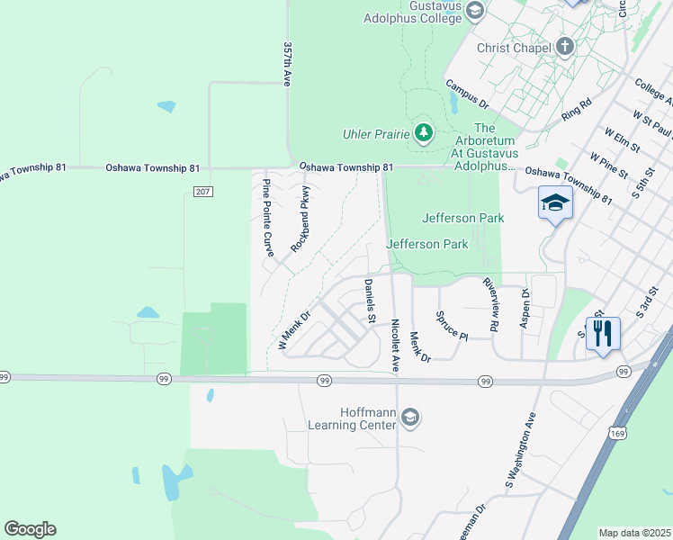 map of restaurants, bars, coffee shops, grocery stores, and more near 1071 Alpine Way in Saint Peter