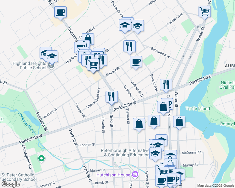 map of restaurants, bars, coffee shops, grocery stores, and more near in Peterborough