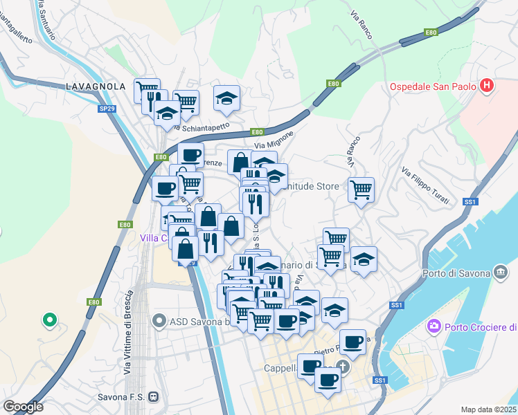 map of restaurants, bars, coffee shops, grocery stores, and more near 22 Via San Lorenzo in Savona