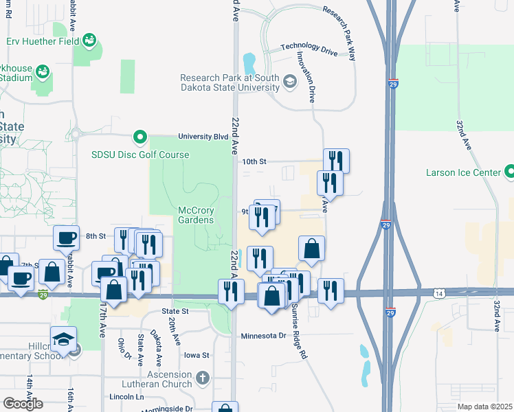 map of restaurants, bars, coffee shops, grocery stores, and more near 2225 9th Street in Brookings