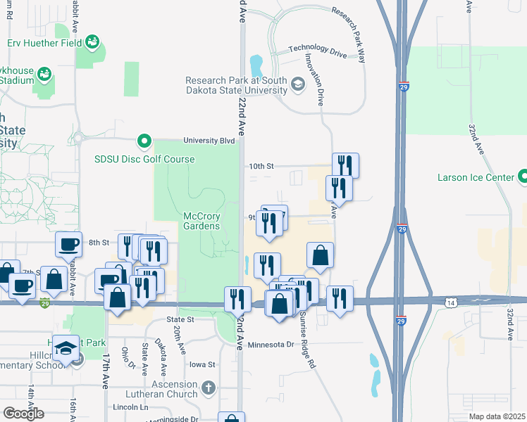 map of restaurants, bars, coffee shops, grocery stores, and more near 2225 9th Street in Brookings