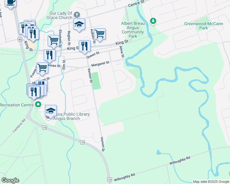 map of restaurants, bars, coffee shops, grocery stores, and more near 2 McQueen Street in Angus