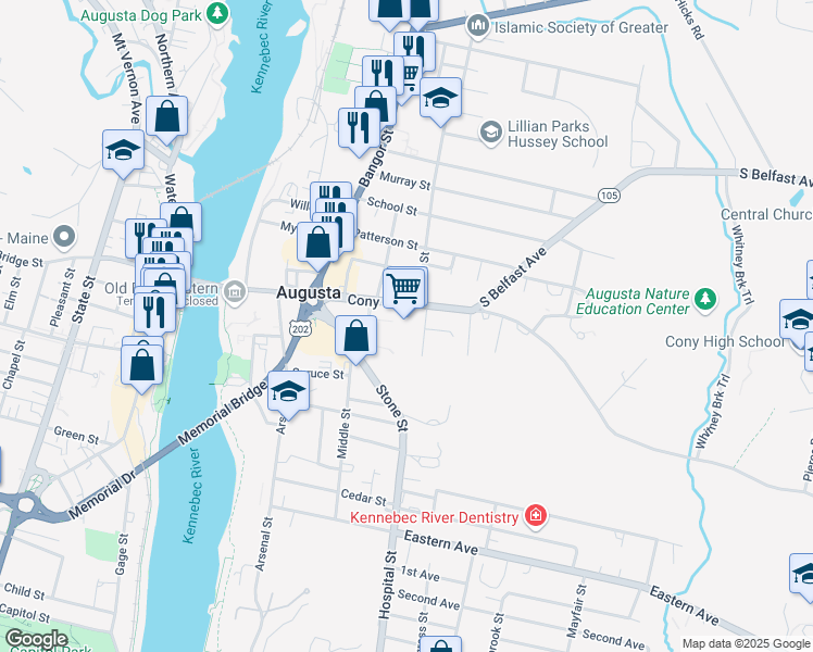 map of restaurants, bars, coffee shops, grocery stores, and more near 134 Cony St in Augusta