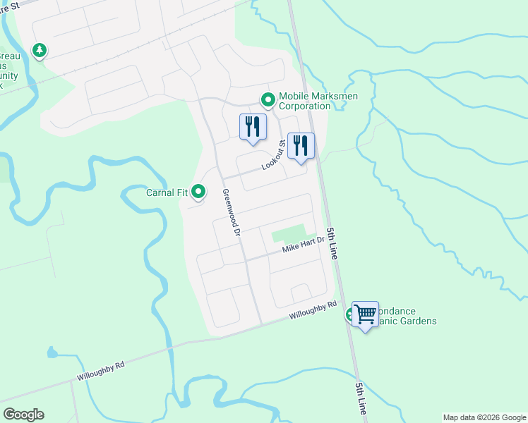 map of restaurants, bars, coffee shops, grocery stores, and more near 182 Banting Crescent in Essa