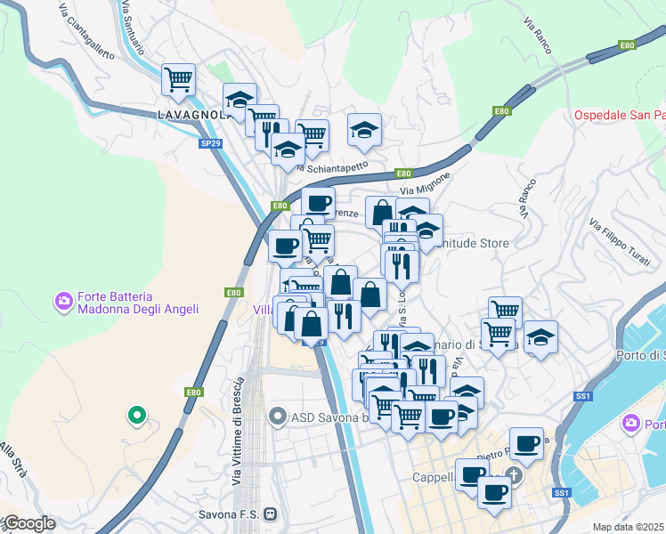 map of restaurants, bars, coffee shops, grocery stores, and more near 19 Via Amalfi in Savona