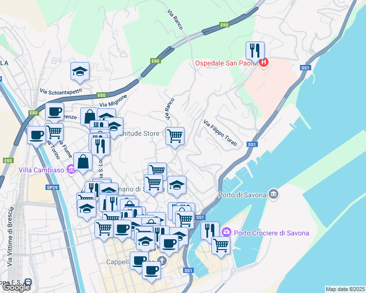 map of restaurants, bars, coffee shops, grocery stores, and more near 17 Via Giovanni Amendola in Savona