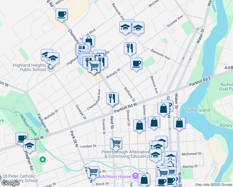map of restaurants, bars, coffee shops, grocery stores, and more near in Peterborough