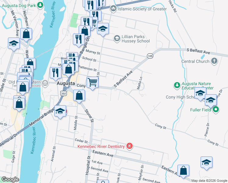 map of restaurants, bars, coffee shops, grocery stores, and more near 157 Cony Street in Augusta