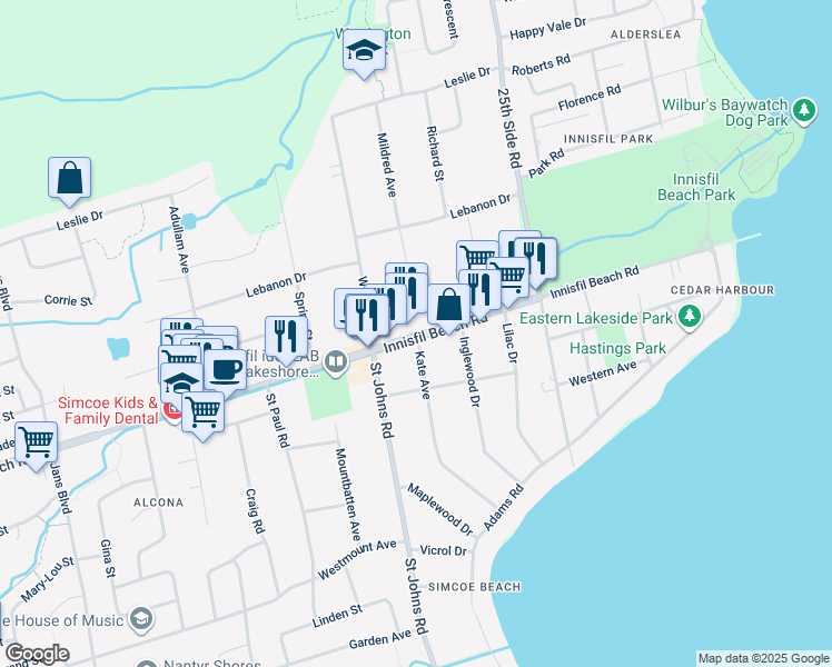 map of restaurants, bars, coffee shops, grocery stores, and more near 898 Innisfil Beach Road in Innisfil