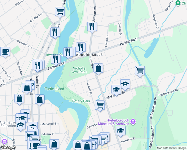 map of restaurants, bars, coffee shops, grocery stores, and more near 703 Armour Road in Peterborough