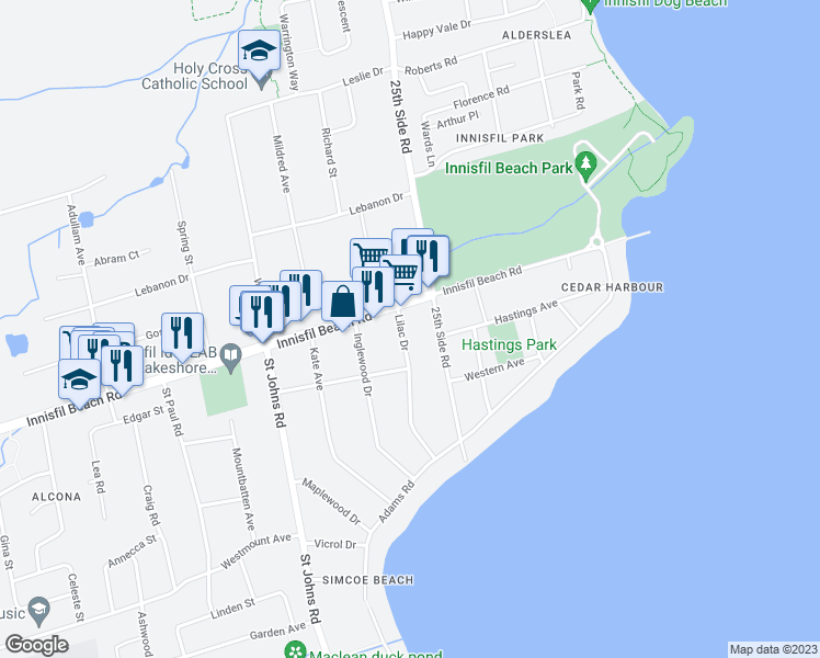 map of restaurants, bars, coffee shops, grocery stores, and more near 2083 Lilac Drive in Innisfil