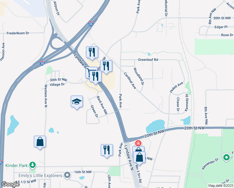 map of restaurants, bars, coffee shops, grocery stores, and more near 2426 Park Avenue Northwest in Faribault
