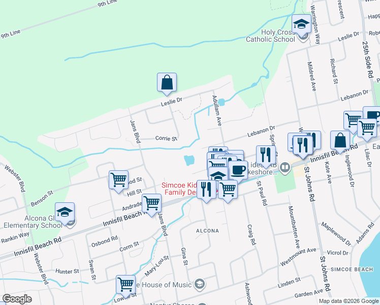 map of restaurants, bars, coffee shops, grocery stores, and more near 1092 Lebanon Drive in Innisfil