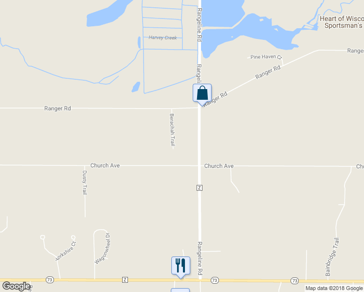 map of restaurants, bars, coffee shops, grocery stores, and more near 8559 Berachah Trail in Nekoosa