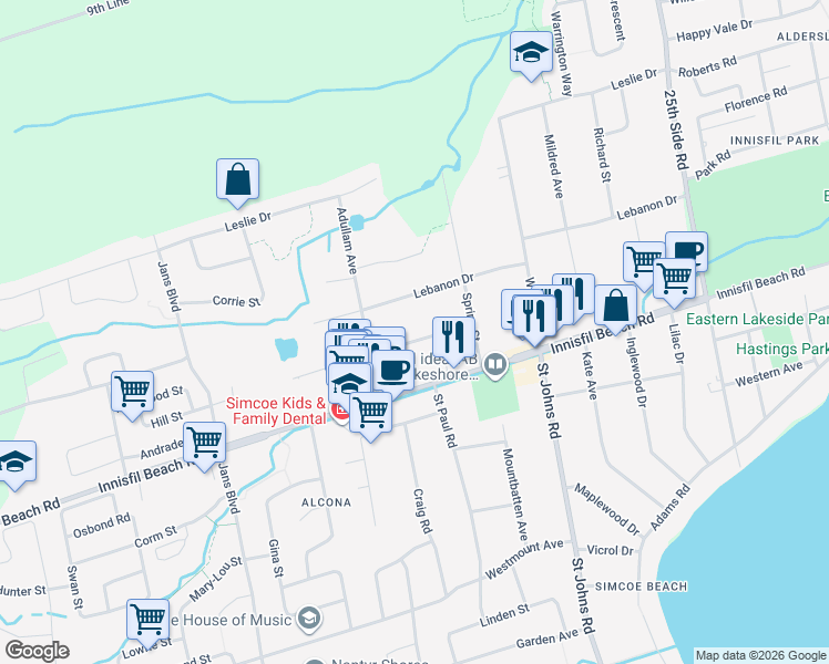 map of restaurants, bars, coffee shops, grocery stores, and more near 1032 Goshen Road in Innisfil