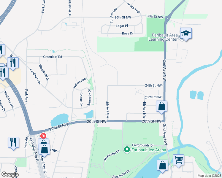 map of restaurants, bars, coffee shops, grocery stores, and more near 2345 8th Avenue Northwest in Faribault