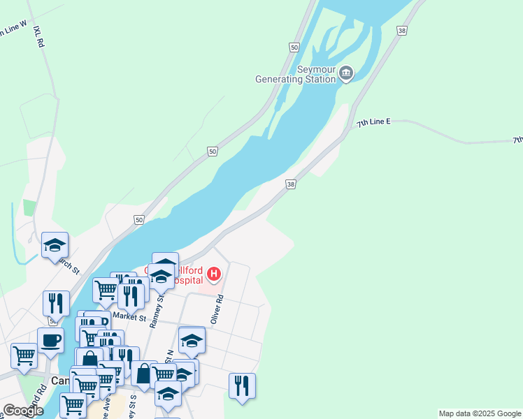 map of restaurants, bars, coffee shops, grocery stores, and more near 326 Front Street North in Harcourt