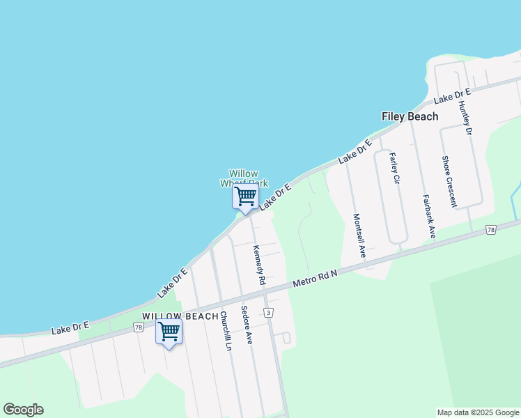 map of restaurants, bars, coffee shops, grocery stores, and more near Lake Drive East in Willow Beach