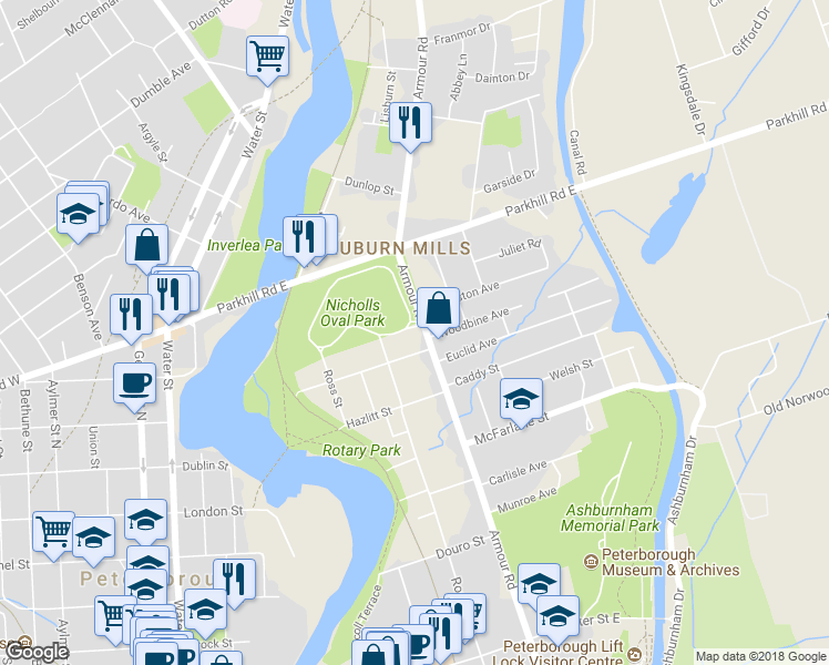 map of restaurants, bars, coffee shops, grocery stores, and more near 711 Armour Road in Peterborough
