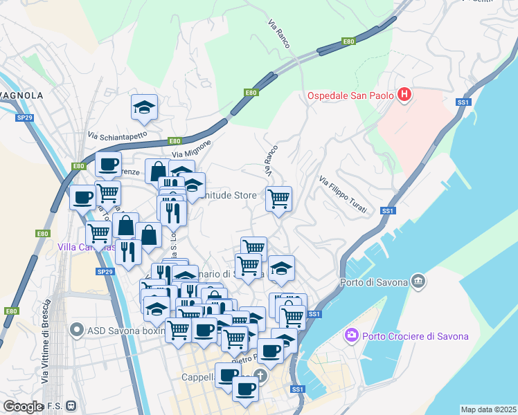 map of restaurants, bars, coffee shops, grocery stores, and more near 4 Via Loreto Vecchia in Savona