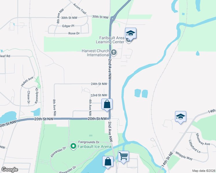 map of restaurants, bars, coffee shops, grocery stores, and more near 205 24th Street Northwest in Faribault
