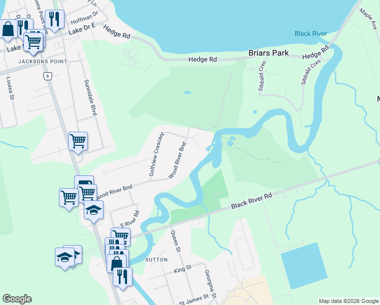 map of restaurants, bars, coffee shops, grocery stores, and more near 109 Wood River Bend in Georgina