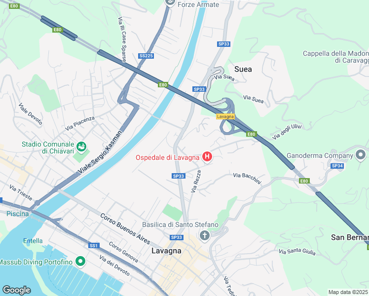 map of restaurants, bars, coffee shops, grocery stores, and more near Salita San Rocco in Lavagna