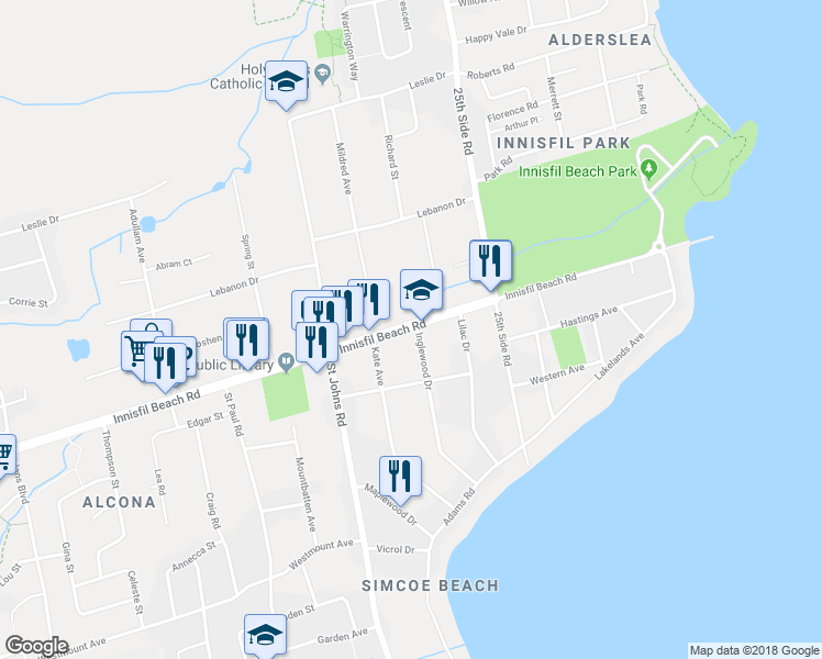 map of restaurants, bars, coffee shops, grocery stores, and more near 873 Innisfil Beach Road in Innisfil