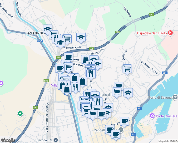 map of restaurants, bars, coffee shops, grocery stores, and more near 23 Via Milano in Savona